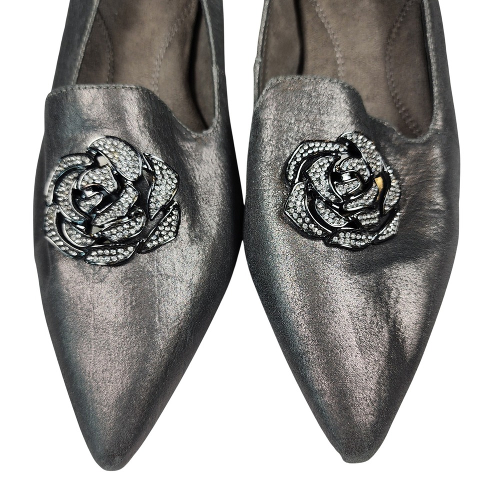 Aerosoles Best Dressed Metallic Pewter Leather Rose Rhinestone Kitten Heels 10M - Picture 3 of 9